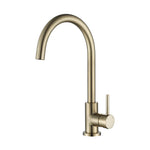 a brushed gold kitchen laundry mixer tap with a gooseneck on a white background