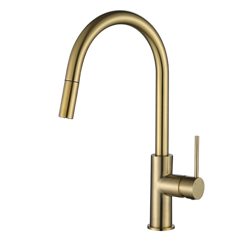 a brushed gold pull out kitchen laundry mixer tap on a white background