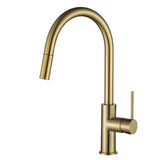 a brushed gold pull out kitchen laundry mixer tap on a white background