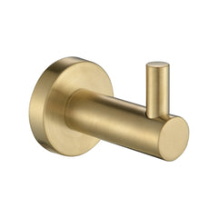 A single brushed gold robe hook with a round base and a single hook wall mounted on a white background