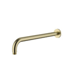 Brushed gold round wall mounted shower arm on a white background