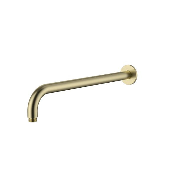 Brushed gold round wall mounted shower arm on a white background