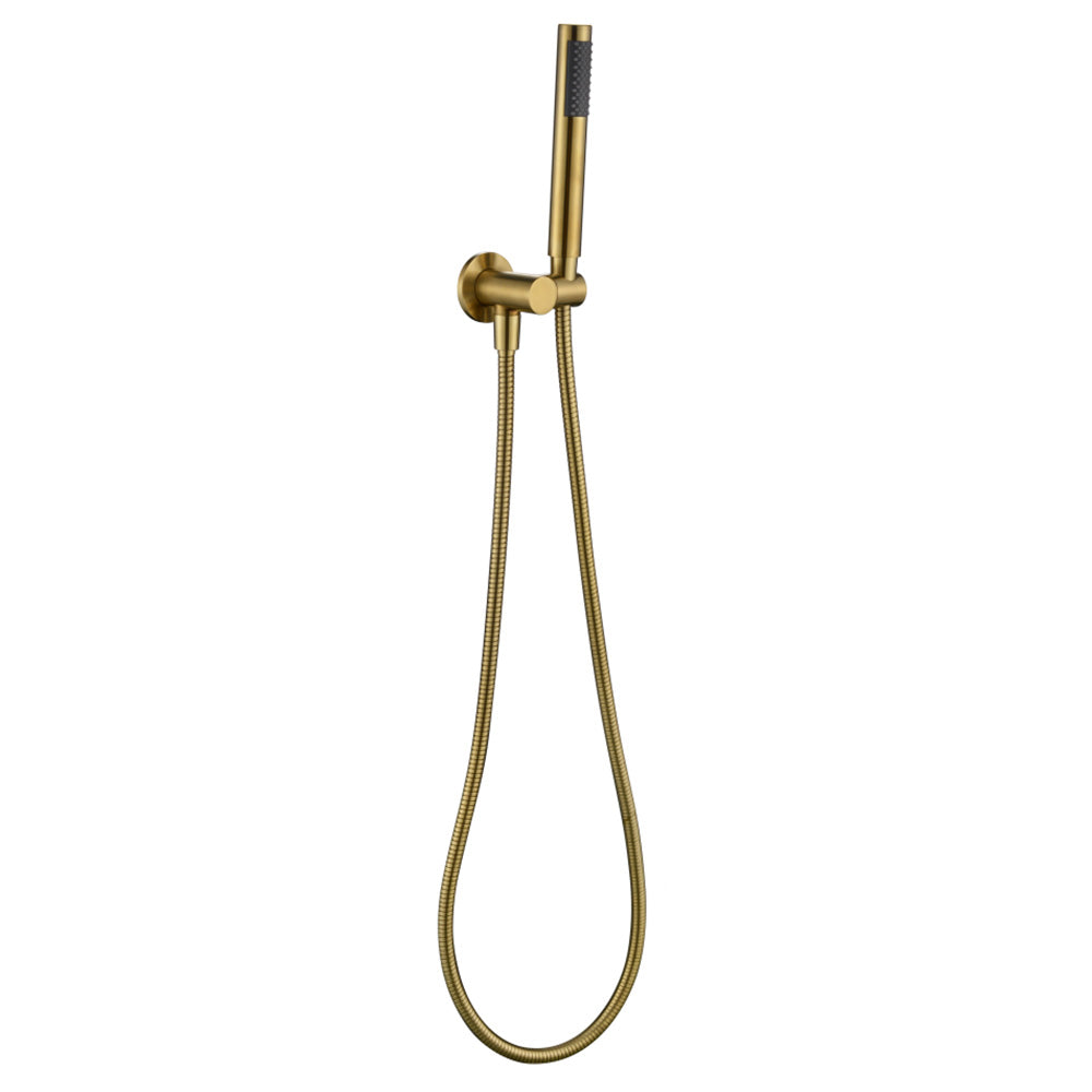a brushed gold shower handpiece mounted on a bracket, with a hose attached to it on a white background