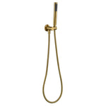 a brushed gold shower handpiece mounted on a bracket, with a hose attached to it on a white background