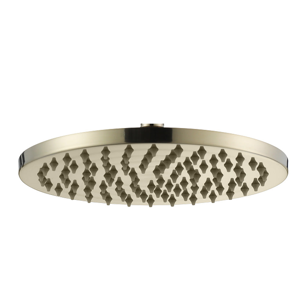 a brushed gold showerhead on a white background