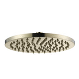 a brushed gold showerhead on a white background