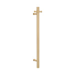 brushed gold single upright bar heated towel rail on a white background