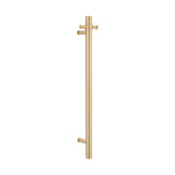 brushed gold single upright bar heated towel rail on a white background