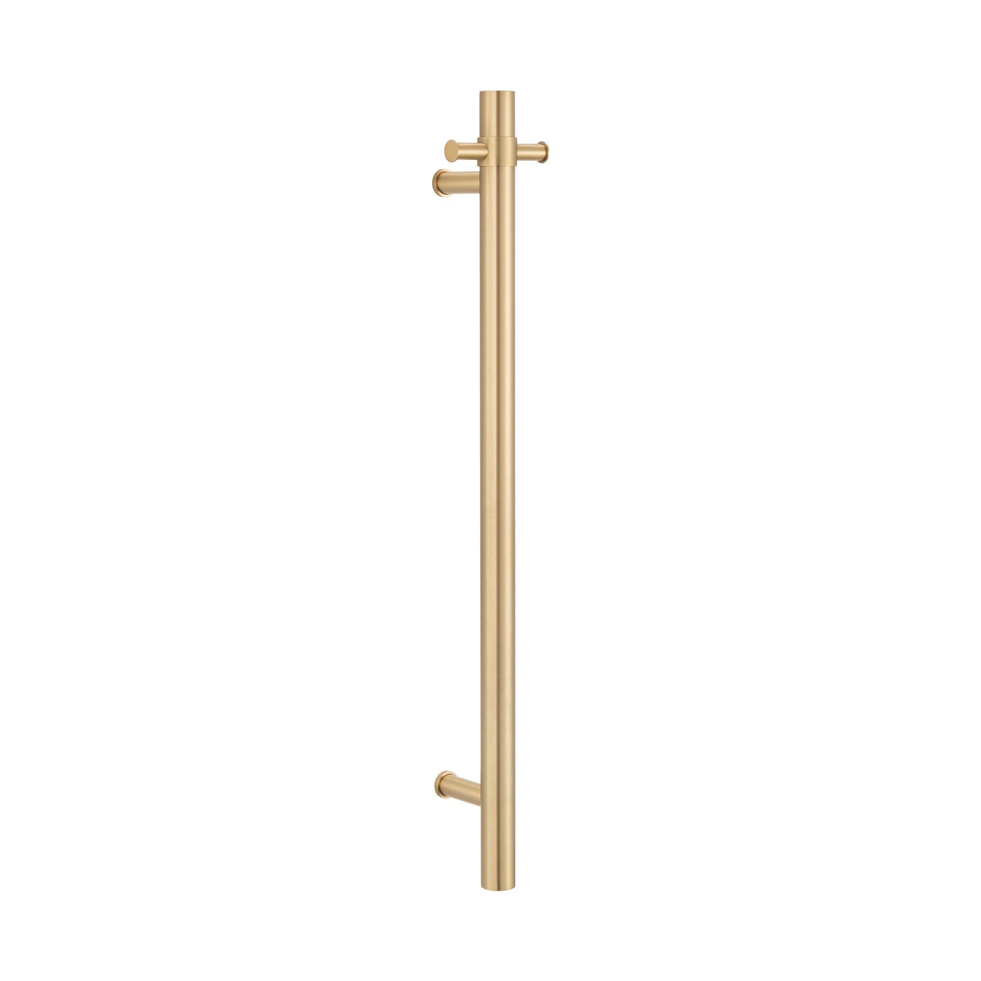 brushed gold single upright bar heated towel rail on a white background