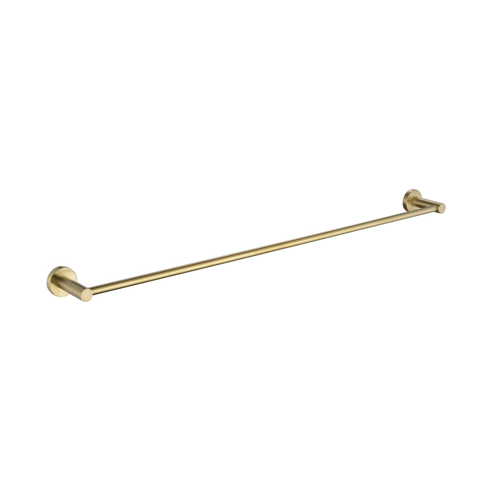A brushed gold single towel rail with a white background