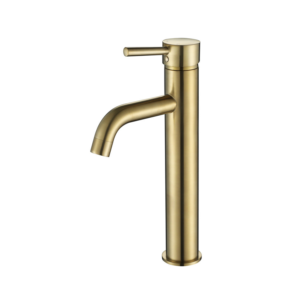 brushed gold tall basin mixer tap on a white background
