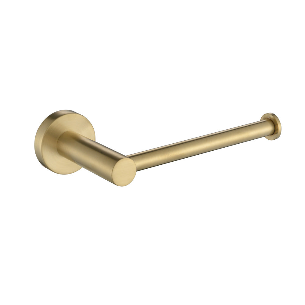 A brushed gold toilet roll holder on a white background