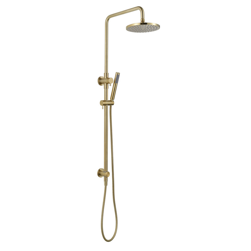 brushed gold twin round combination shower rail with diverter on a white background