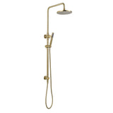 brushed gold twin round combination shower rail with diverter on a white background