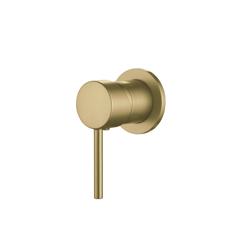 A brushed gold wall-mounted mixer tap with a round handle.