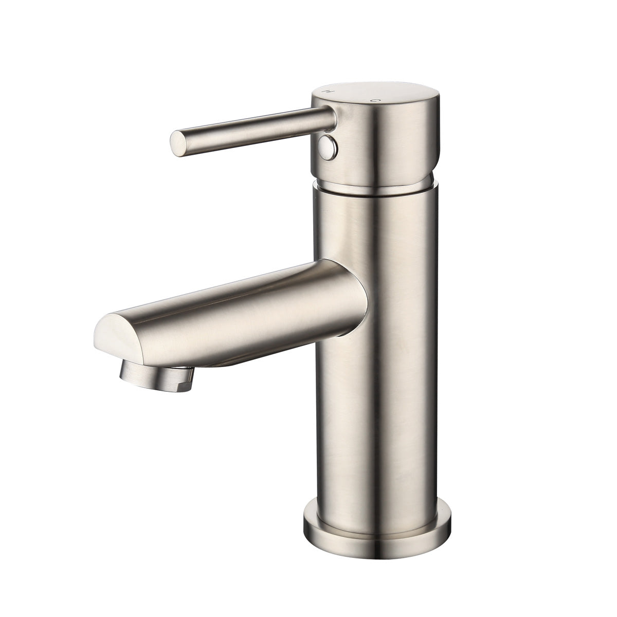 A brushed nickel basin mixer tap with a round spout on a white background