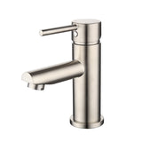 A brushed nickel basin mixer tap with a round spout on a white background