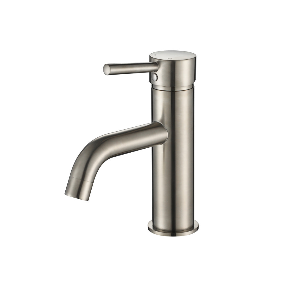 A brushed nickel basin mixer tap with a curved spout on a white background