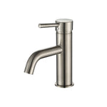 A brushed nickel basin mixer tap with a curved spout on a white background