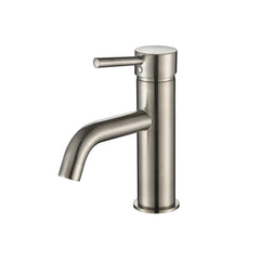 A brushed nickel basin mixer tap with a curved spout on a white background