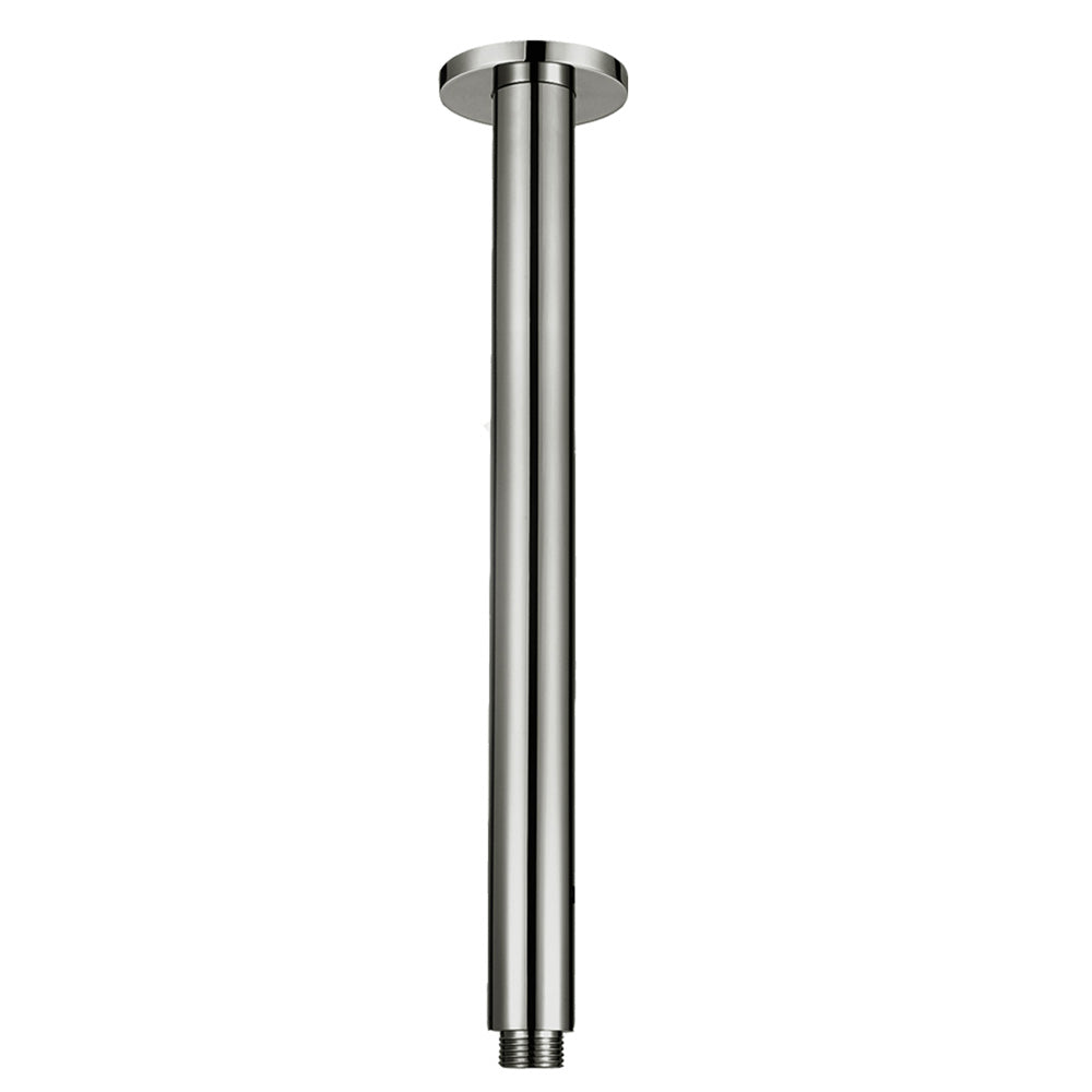 A brushed nickel ceiling mounted arm, designed for holding shower heads, on a white background
