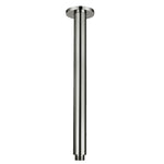 A brushed nickel ceiling mounted arm, designed for holding shower heads, on a white background