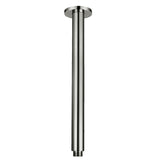 A brushed nickel ceiling mounted arm, designed for holding shower heads, on a white background