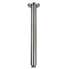 A brushed nickel ceiling mounted arm, designed for holding shower heads, on a white background