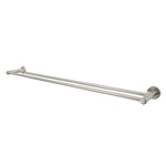 A brushed nickel double towel rail wall mounted set against a white background