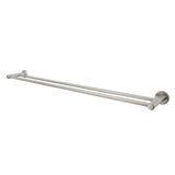 A brushed nickel double towel rail wall mounted set against a white background