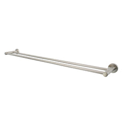 A brushed nickel double towel rail wall mounted set against a white background