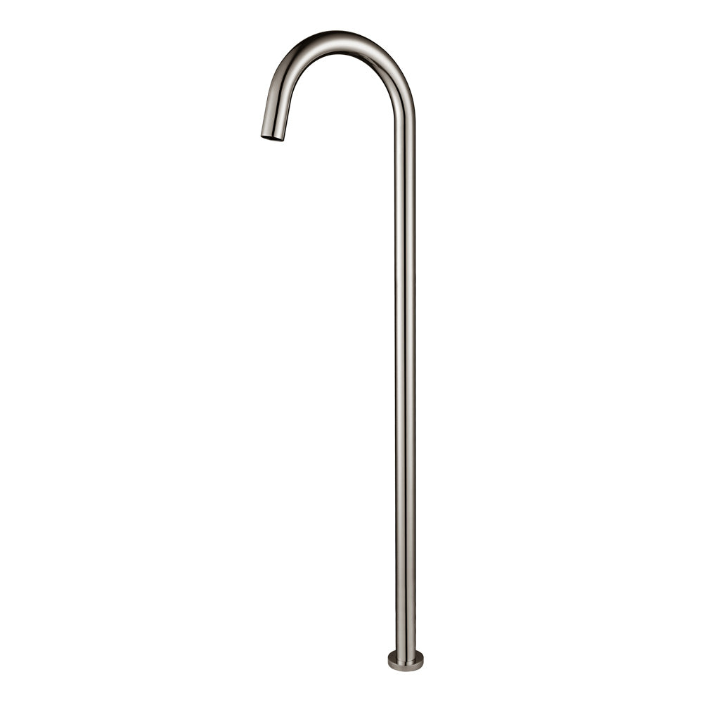A brushed nickel floor bath spout, with a curved design, set against a white background