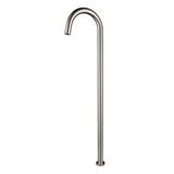 A brushed nickel floor bath spout, with a curved design, set against a white background