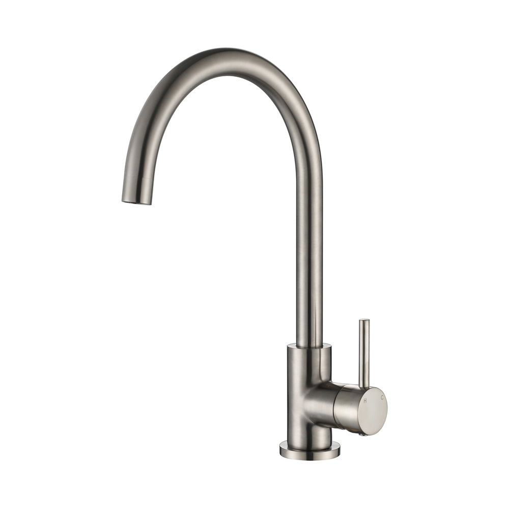 A brushed nickel kitchen or laundry mixer tap with a high arch and a sleek, modern design on a white background