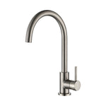 A brushed nickel kitchen or laundry mixer tap with a high arch and a sleek, modern design on a white background