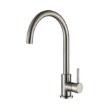 A brushed nickel kitchen or laundry mixer tap with a high arch and a sleek, modern design on a white background