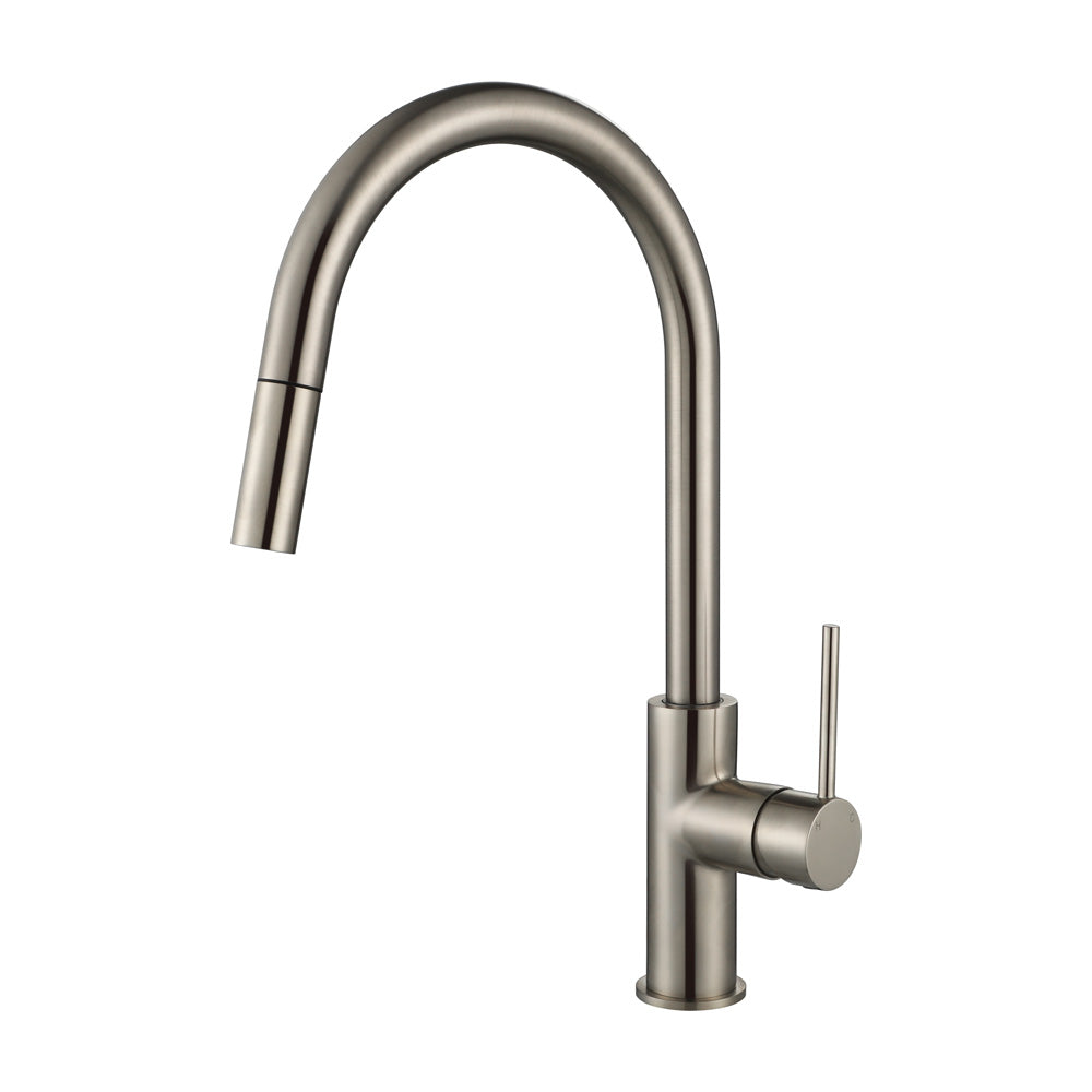 a brushed nickel pull out kitchen laundry mixer tap with a gooseneck on a white background