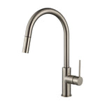 a brushed nickel pull out kitchen laundry mixer tap with a gooseneck on a white background