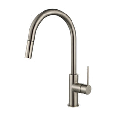 a brushed nickel pull out kitchen laundry mixer tap with a gooseneck on a white background