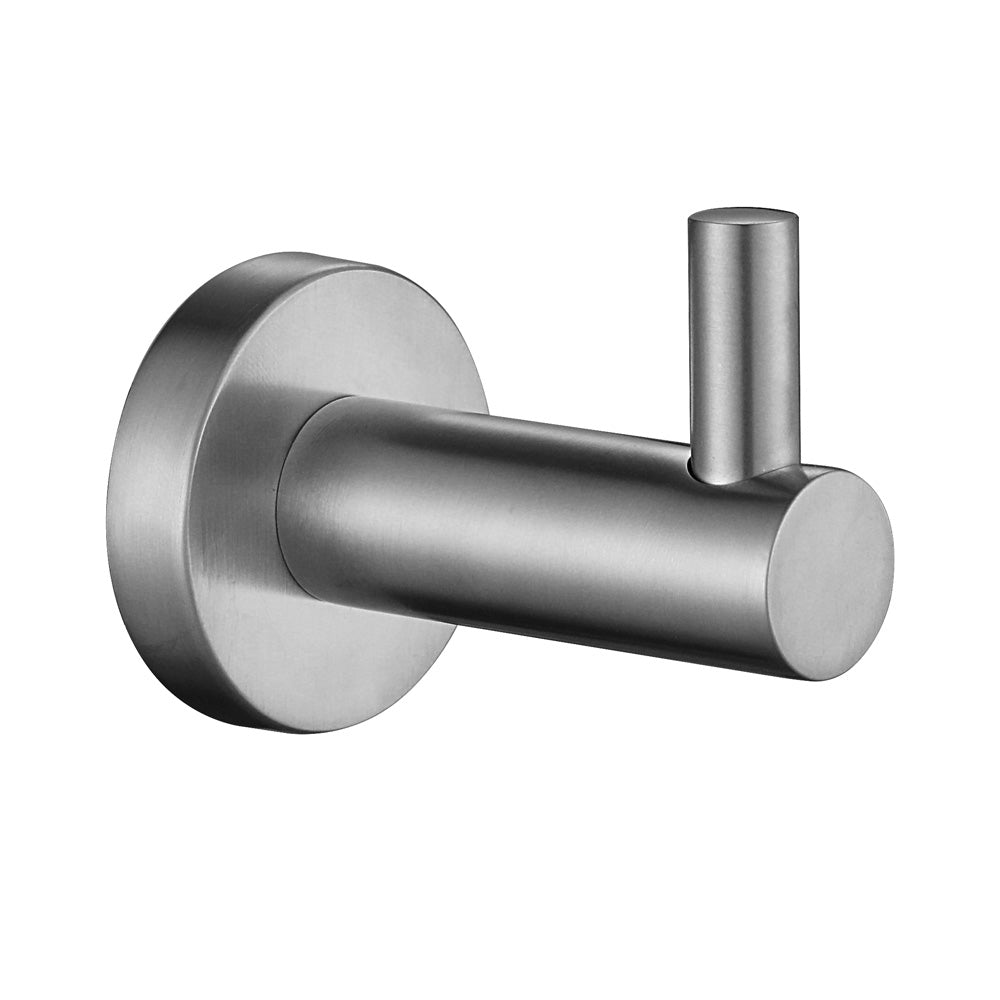A single brushed nickel robe hook with a round base and a single hook wall mounted on a white background