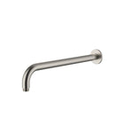 Brushed nickel round wall mounted shower arm on a white background