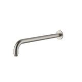 Brushed nickel round wall mounted shower arm on a white background