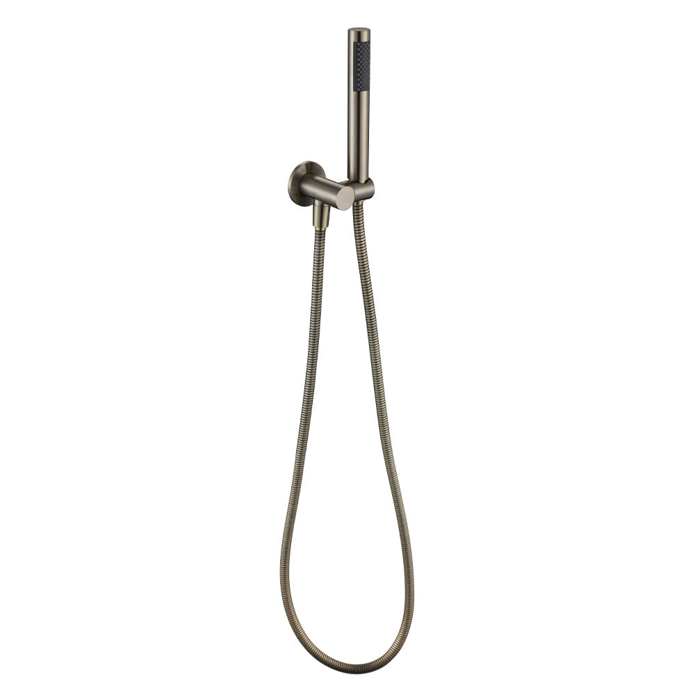 a brushed nickel shower handpiece mounted on a bracket, with a hose attached to it on a white background