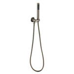 a brushed nickel shower handpiece mounted on a bracket, with a hose attached to it on a white background