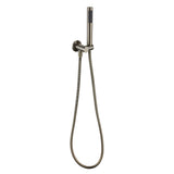 a brushed nickel shower handpiece mounted on a bracket, with a hose attached to it on a white background