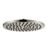 a brushed nickel showerhead on a white background