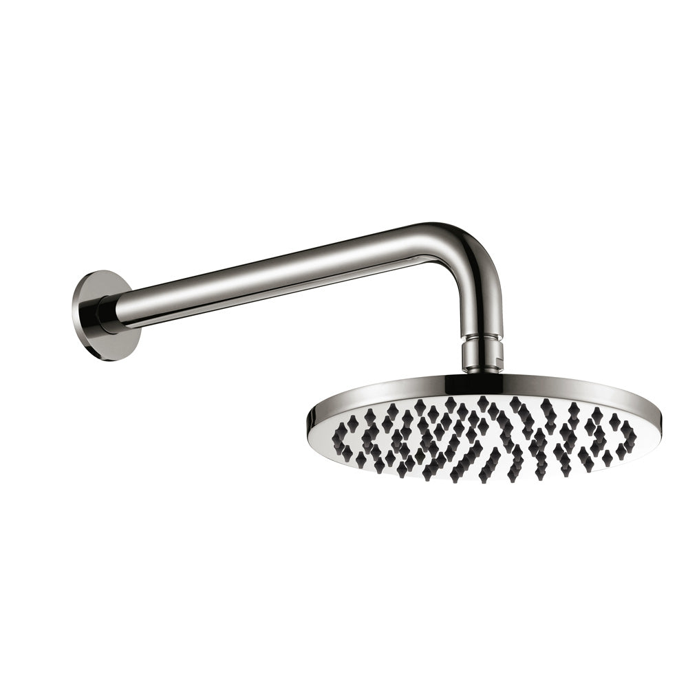 brushed nickel round shower head on wall with a white background