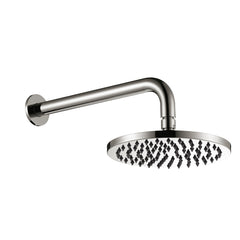 brushed nickel round shower head on wall with a white background