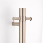 brushed nickel single upright bar heated towel rail on a white background lifestyle