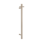 brushed nickel single upright bar heated towel rail on a white background
